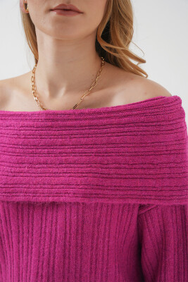 15908 Kadın Açık Omuz Oversize Triko Kazak - Koyu Pembe - 6