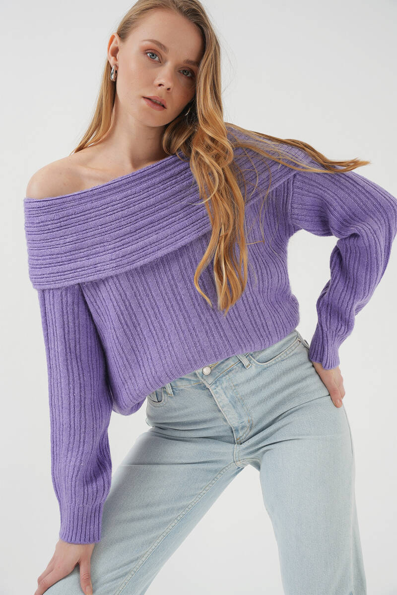 15908 Kadın Açık Omuz Oversize Triko Kazak - Lila - BİGDART