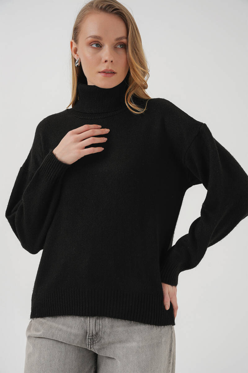 15917 Kadın Balıkçı Yaka Oversize Triko Kazak - Siyah - BİGDART