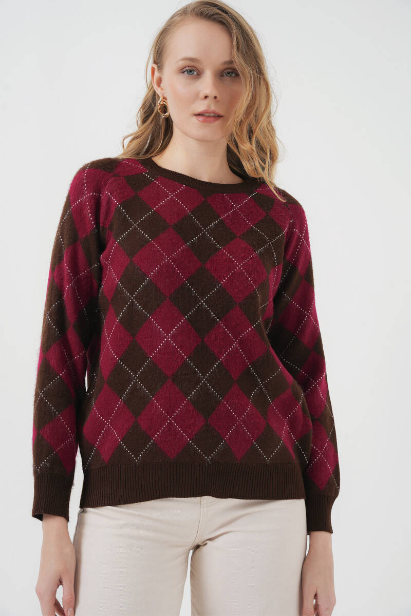 15918 Baklava Desen Triko Kazak - Kahverengi - BİGDART