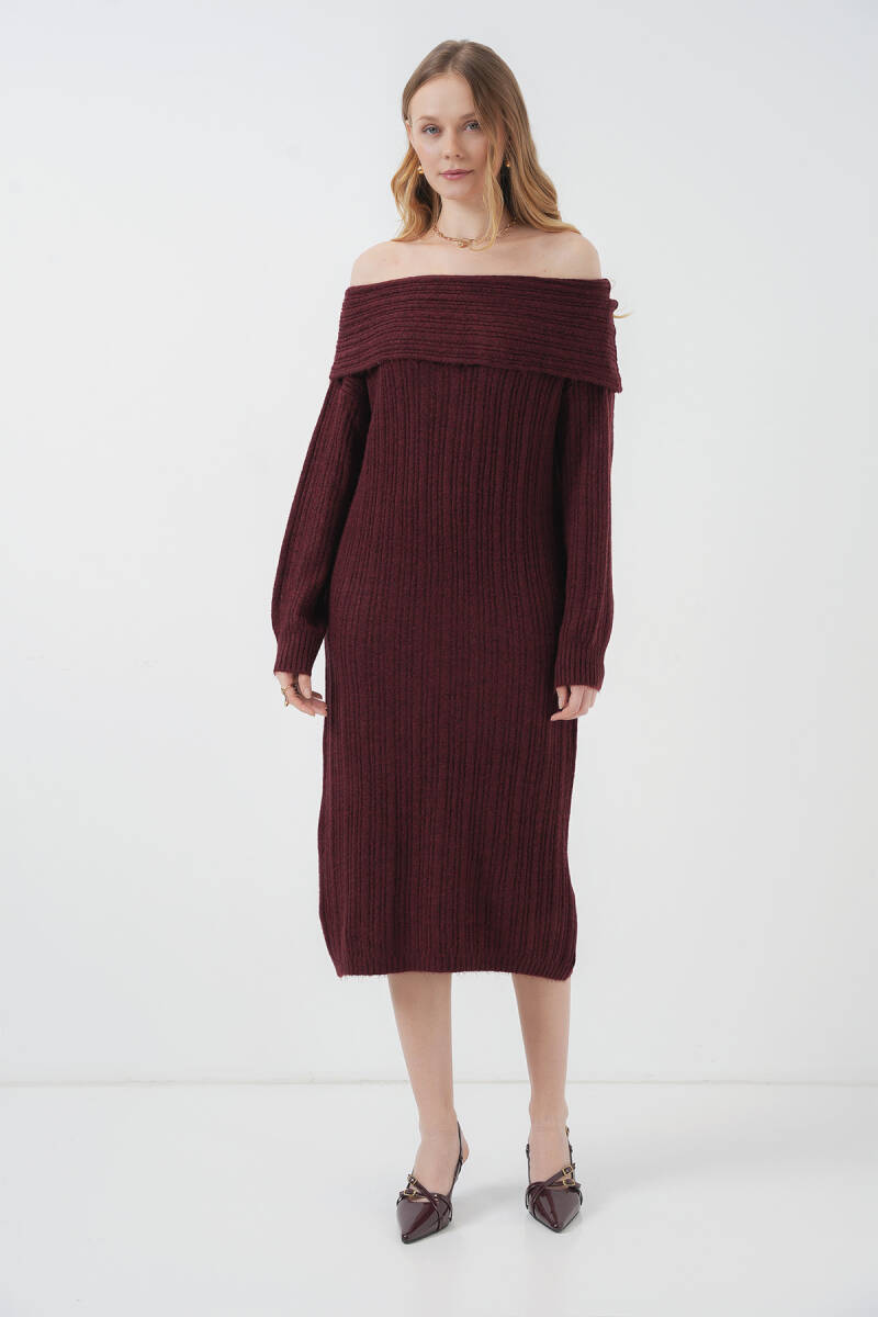 15920 Madonna Yaka Oversize Triko Elbise - Bordo (1)