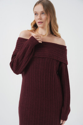 15920 Madonna Yaka Oversize Triko Elbise - Bordo - 3