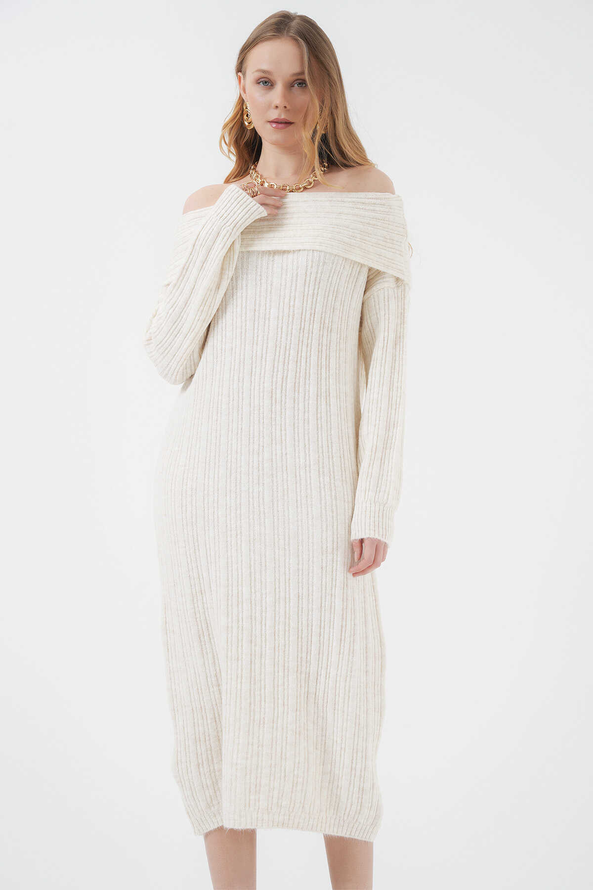 15920 Madonna Yaka Oversize Triko Elbise - Ekru - 4