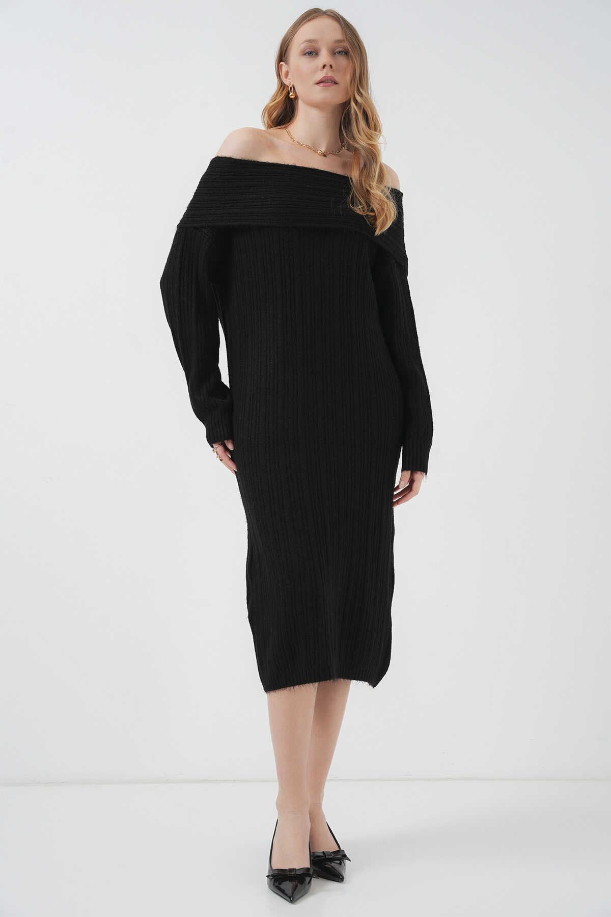 15920 Madonna Yaka Oversize Triko Elbise - Siyah - 2