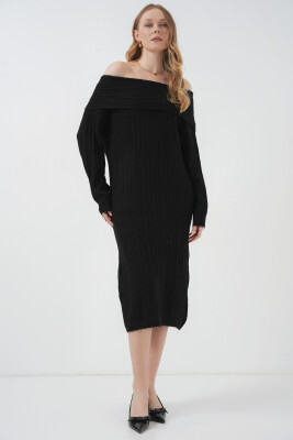 15920 Madonna Yaka Oversize Triko Elbise - Siyah - 2