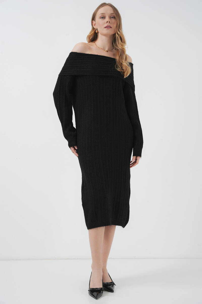 15920 Madonna Yaka Oversize Triko Elbise - Siyah (1)