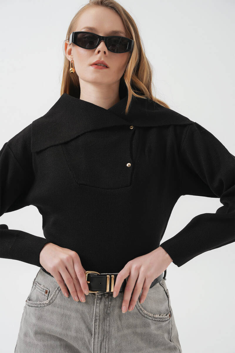 15921 Geniş Yaka Triko Kazak - Siyah - BİGDART