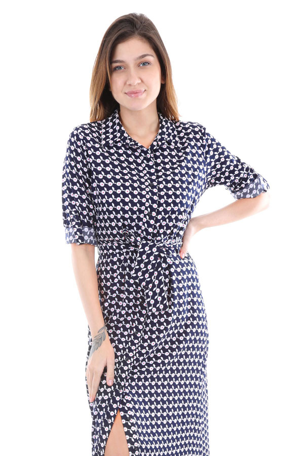 1614 BEL KUŞAK DESENLİ ELBİSE - C.Lacivert - BİGDART