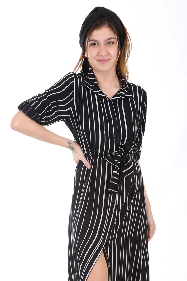 1614 BEL KUŞAK DESENLİ ELBİSE - D. Siyah - BİGDART