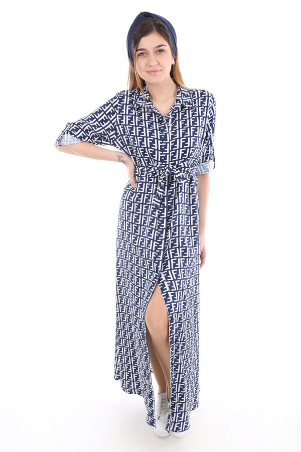1614 BEL KUŞAK DESENLİ ELBİSE - Lacivert - BİGDART