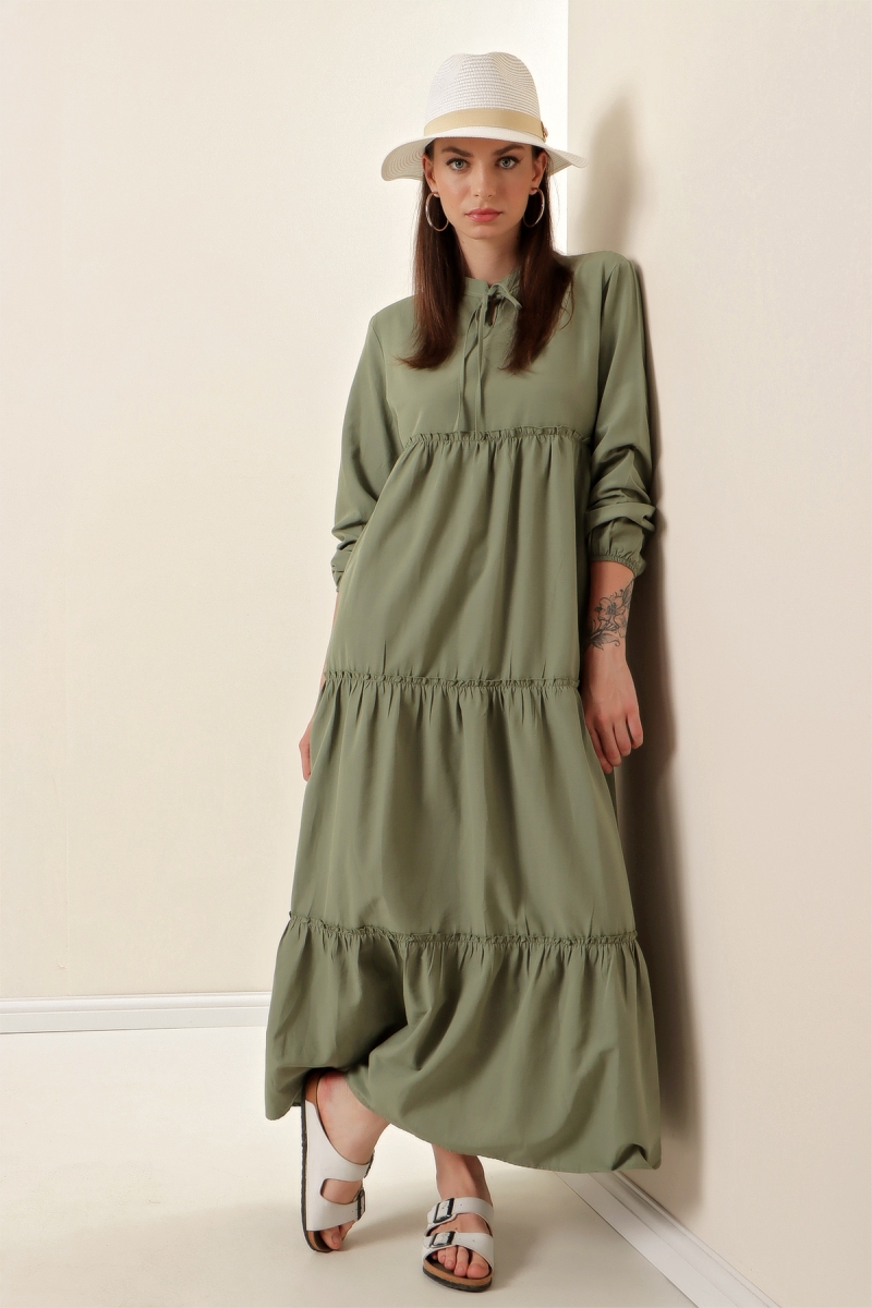 1627 Yaka Bağcıklı Tesettür Elbise - Y.Haki - BİGDART