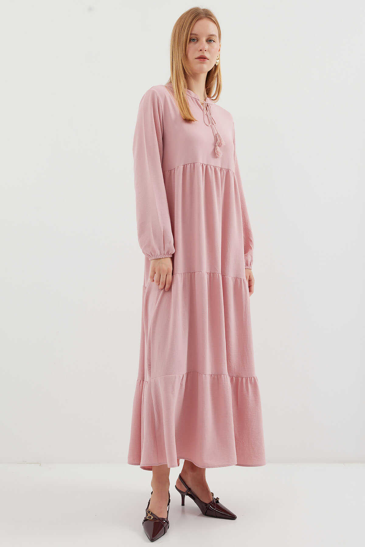 1627 Yaka Bağcıklı Tesettür Elbise - A. Pembe - 3