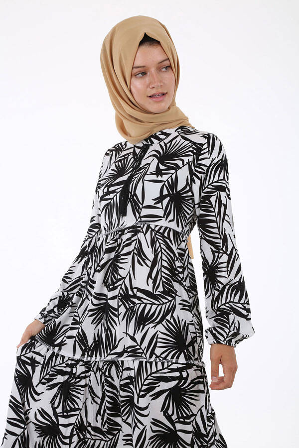 1627 Yaka Bağcıklı Tesettür Elbise - Beyaz - BİGDART