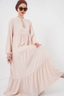 1627 Yaka Bağcıklı Tesettür Elbise - C. Bej 