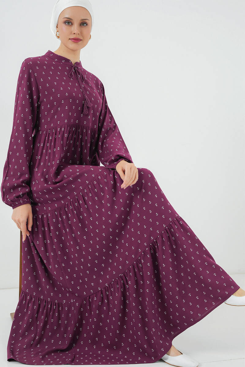 1627 Yaka Bağcıklı Tesettür Elbise - Çapa Mor - BİGDART