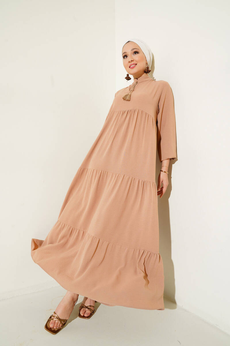 1627 Yaka Bağcıklı Tesettür Elbise - D.Vizon - BİGDART
