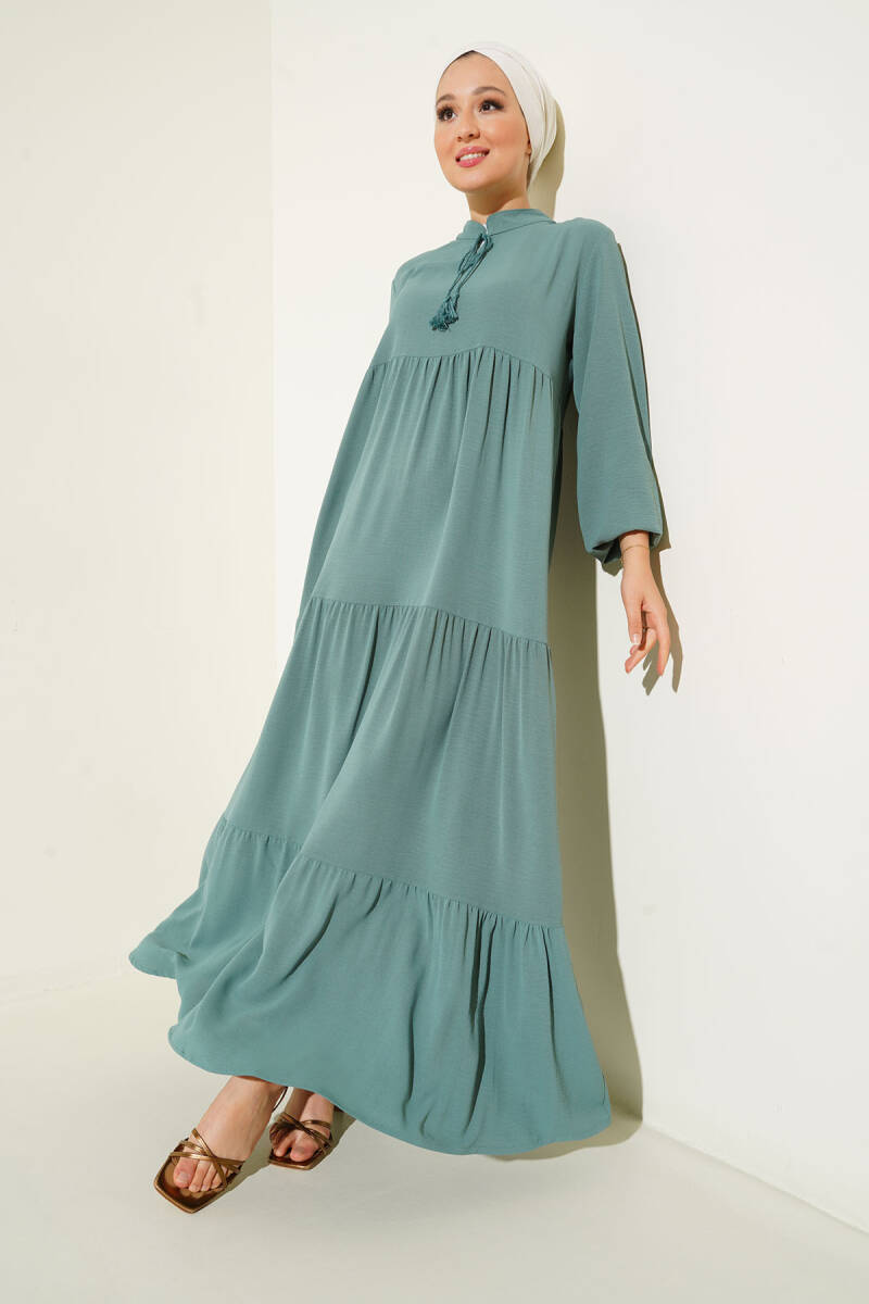 1627 Yaka Bağcıklı Tesettür Elbise - D. Mint - BİGDART