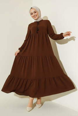 1627 Yaka Bağcıklı Tesettür Elbise - E. Kahve 