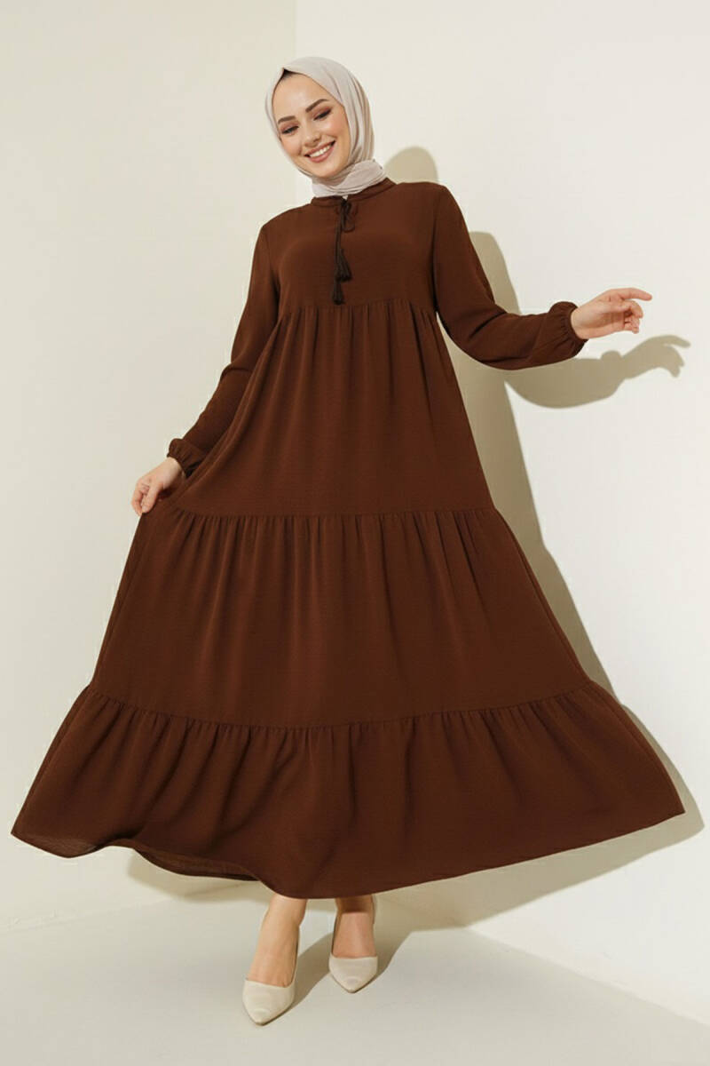 1627 Yaka Bağcıklı Tesettür Elbise - E. Kahve - BİGDART