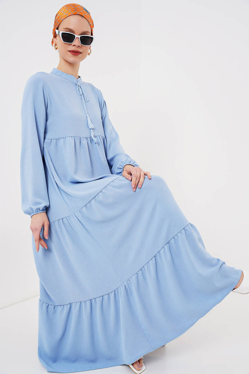 1627 Yaka Bağcıklı Tesettür Elbise - Koyu Mavi - BİGDART