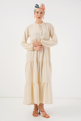 1627 Yaka Bağcıklı Tesettür Elbise - Krem 