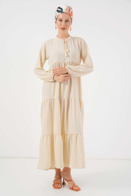 1627 Yaka Bağcıklı Tesettür Elbise - Krem 