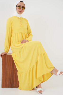1627 Yaka Bağcıklı Tesettür Elbise - Limon Sarısı 