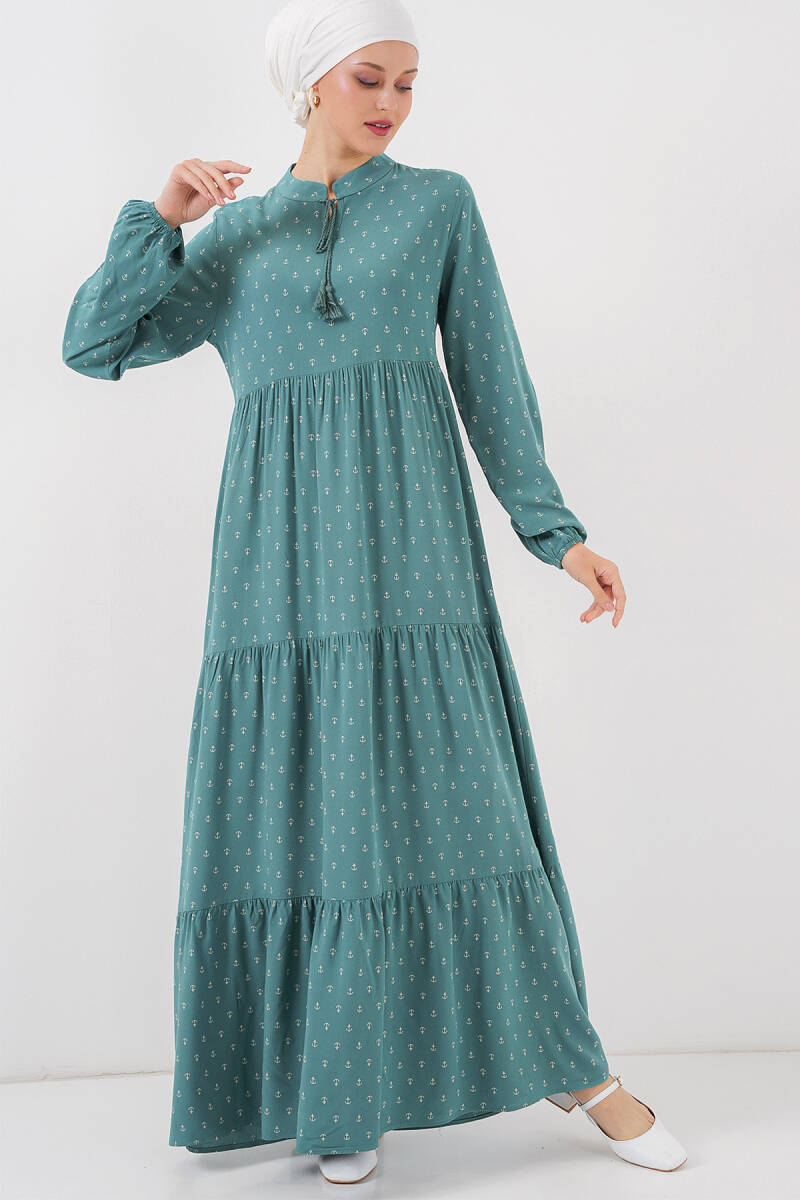 1627 Yaka Bağcıklı Tesettür Elbise - Mint - BİGDART