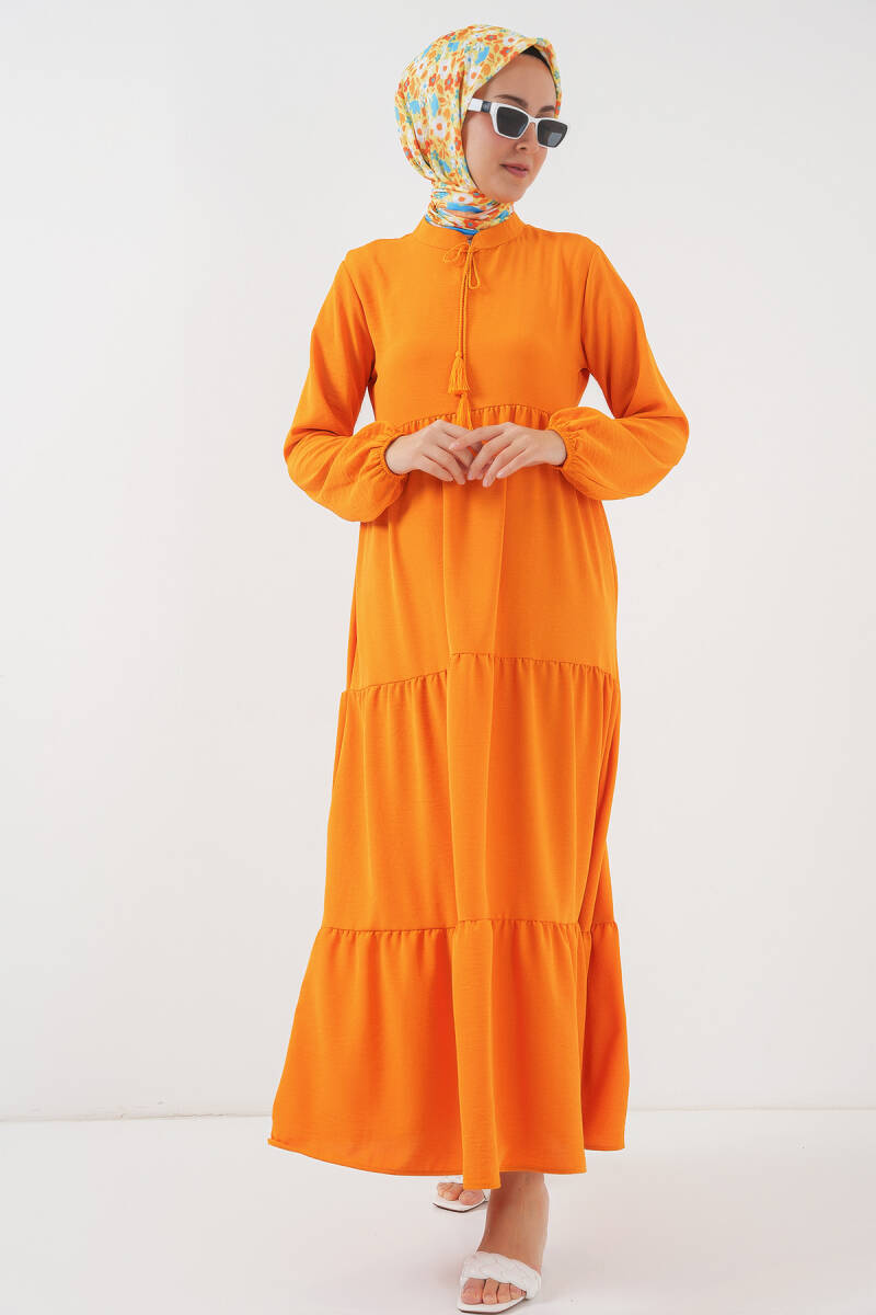 1627 Yaka Bağcıklı Tesettür Elbise - Oranje - BİGDART