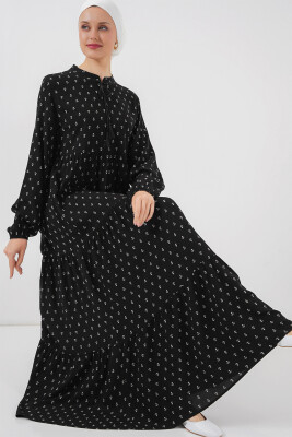 1627 Yaka Bağcıklı Tesettür Elbise - Siyah 