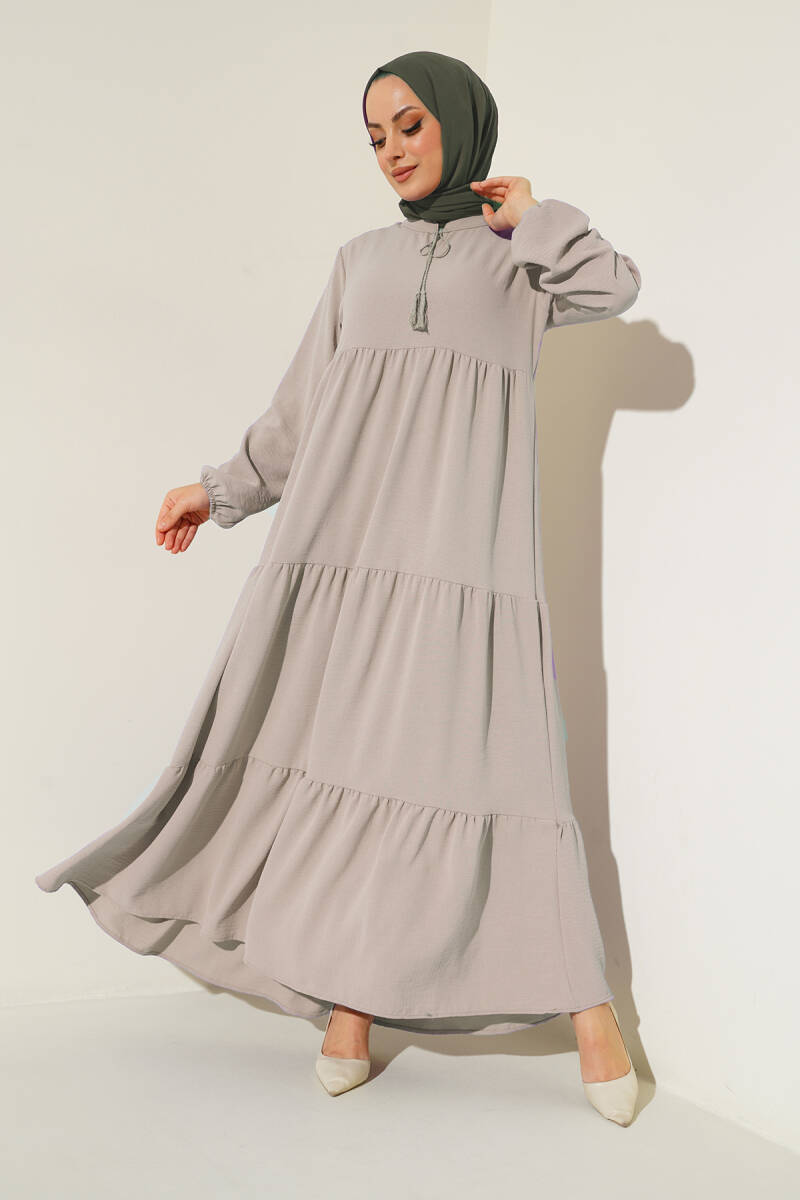 1627 Yaka Bağcıklı Tesettür Elbise - Taş - BİGDART