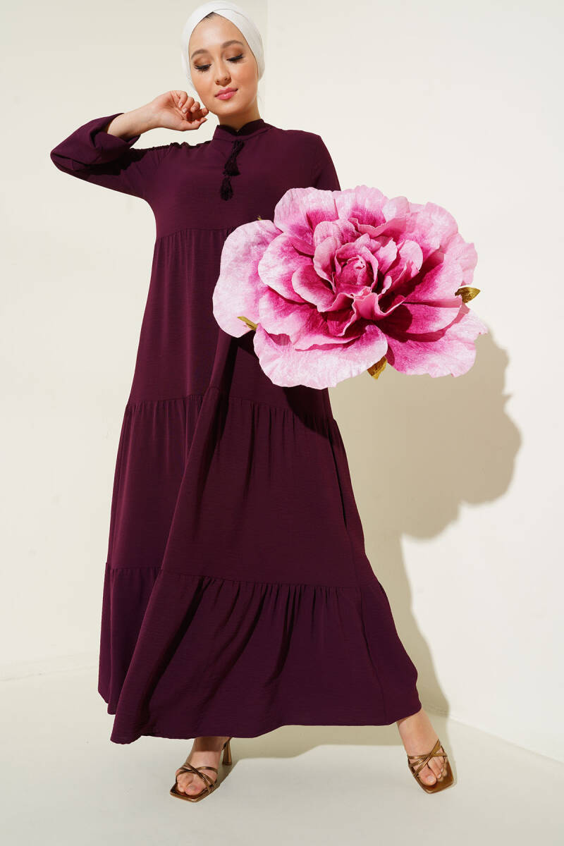 1627 Yaka Bağcıklı Tesettür Elbise - Y.Bordo - BİGDART