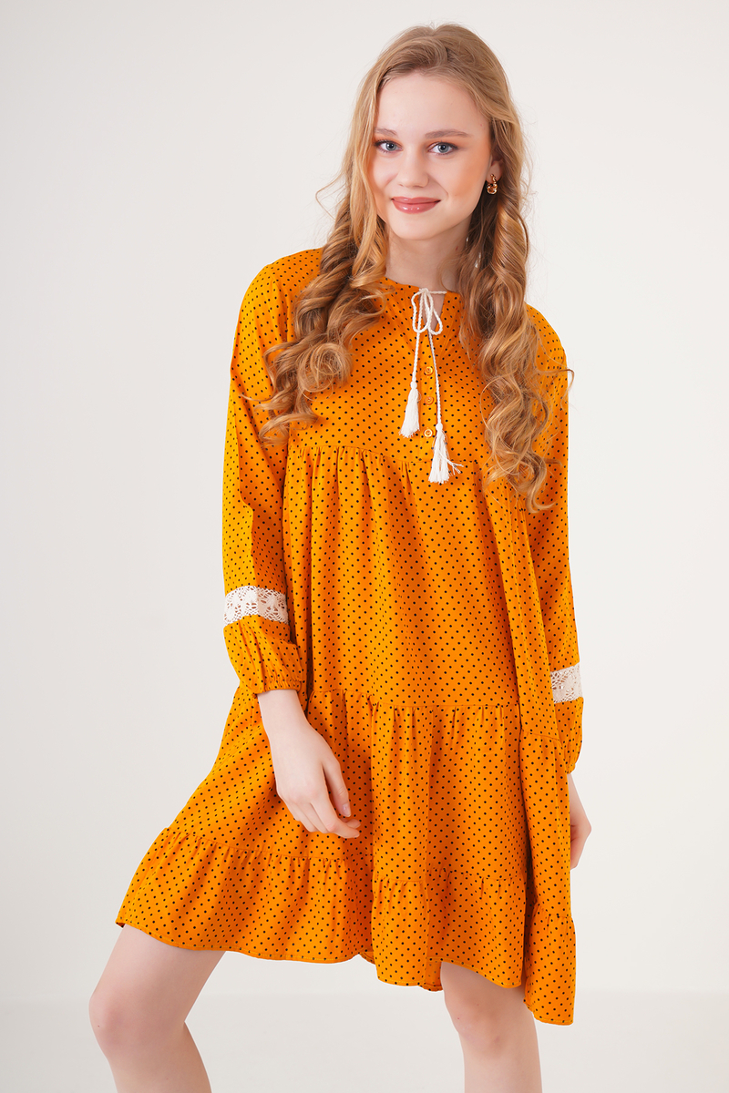 1637 Dantel Detaylı Volanlı Tunik - Turuncu - BİGDART