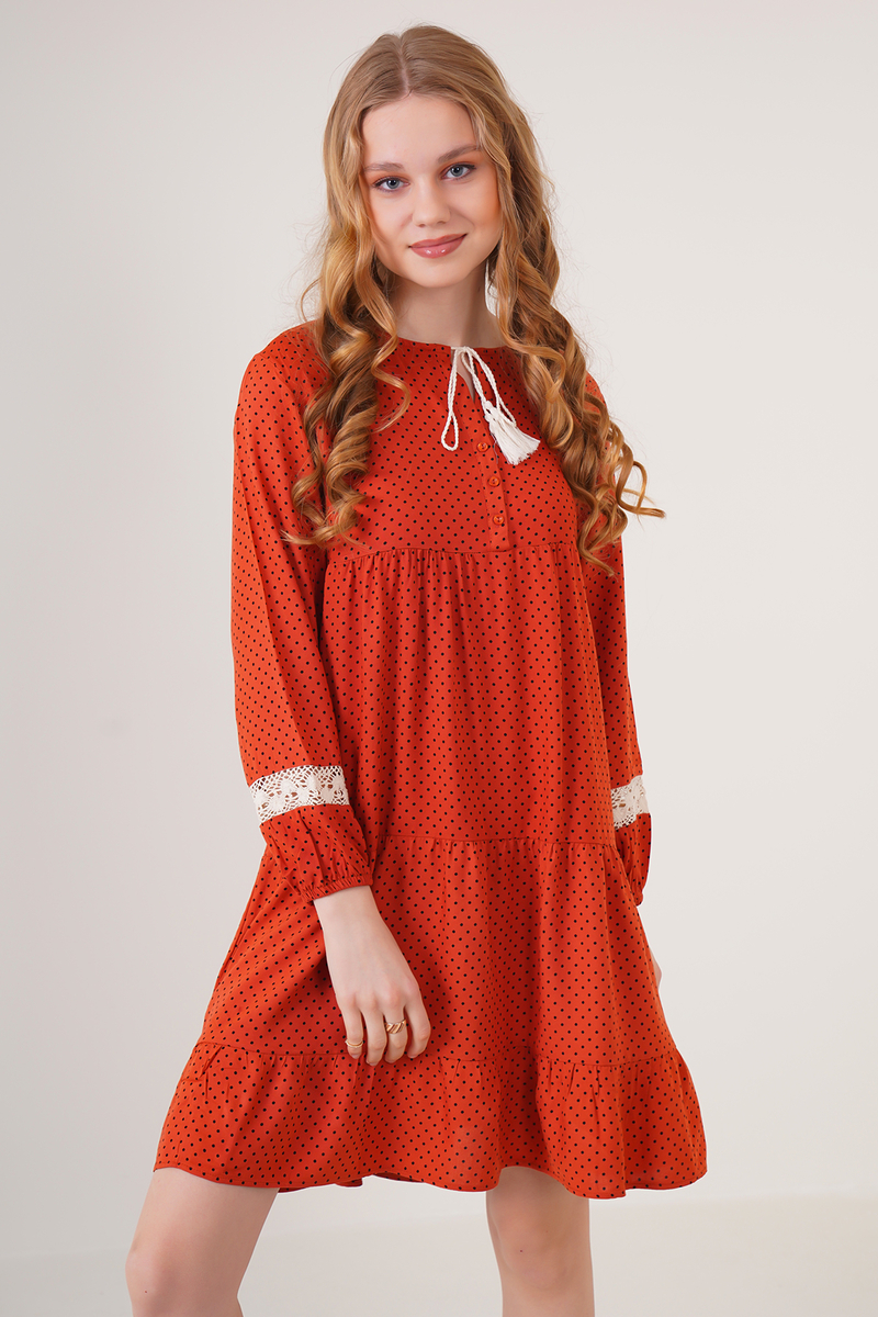 1637 Dantel Detaylı Volanlı Tunik - Kiremit - BİGDART