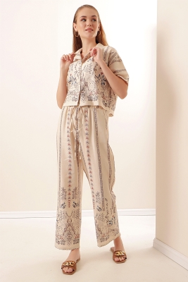 16555 Desenli Keten İkili Takım - Krem - BİGDART