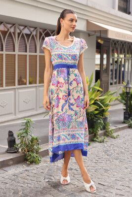 1701 BEL LASTİK DESENLİ ELBİSE - Pudra 