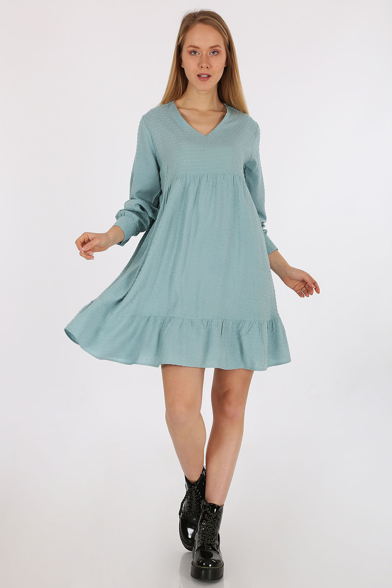 1745 V Yaka Eteği Volanlı Elbise - Su Yeşili - BİGDART