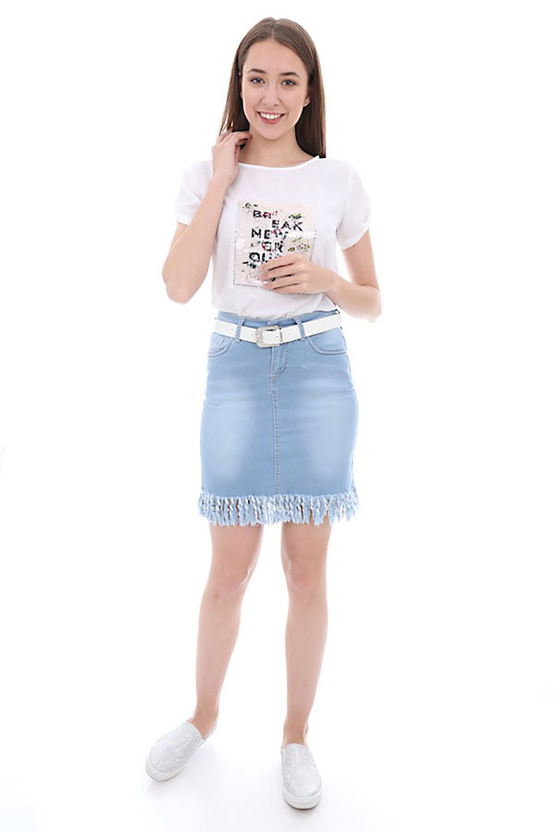 1806 PÜSKÜLLÜ KEMERLİ KOT ETEK - Mavi - BİGDART