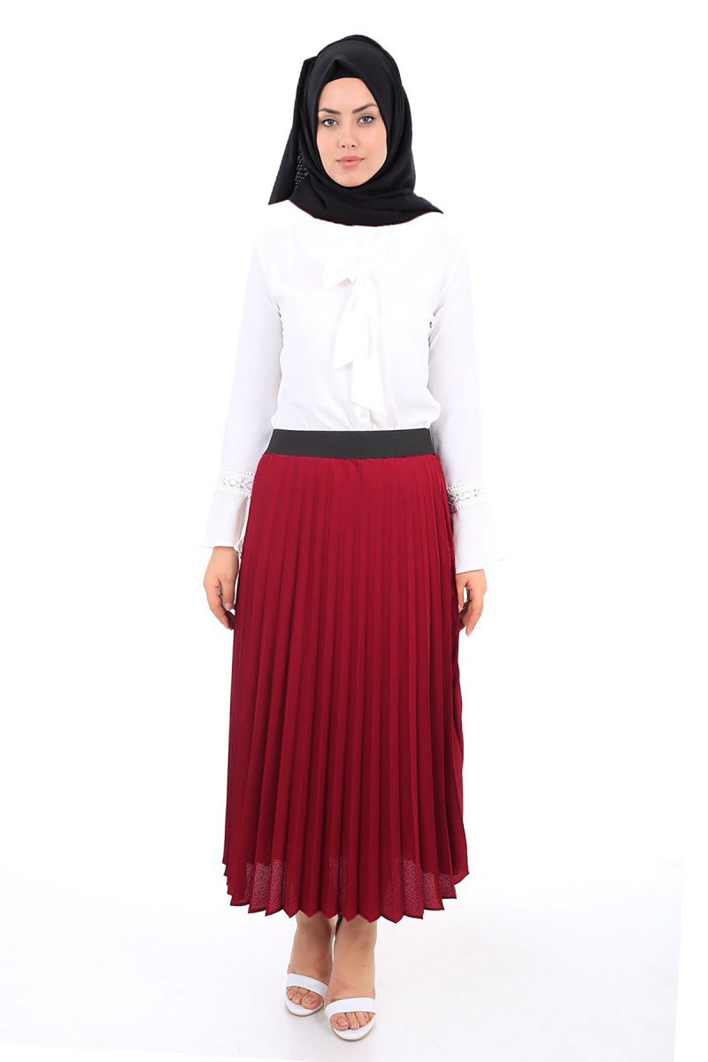 1813 PİLİSELİ BELİ LASTİKLİ ETEK - Bordo - BİGDART