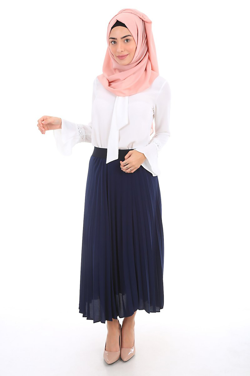 1813 PİLİSELİ BELİ LASTİKLİ ETEK - Lacivert - BİGDART