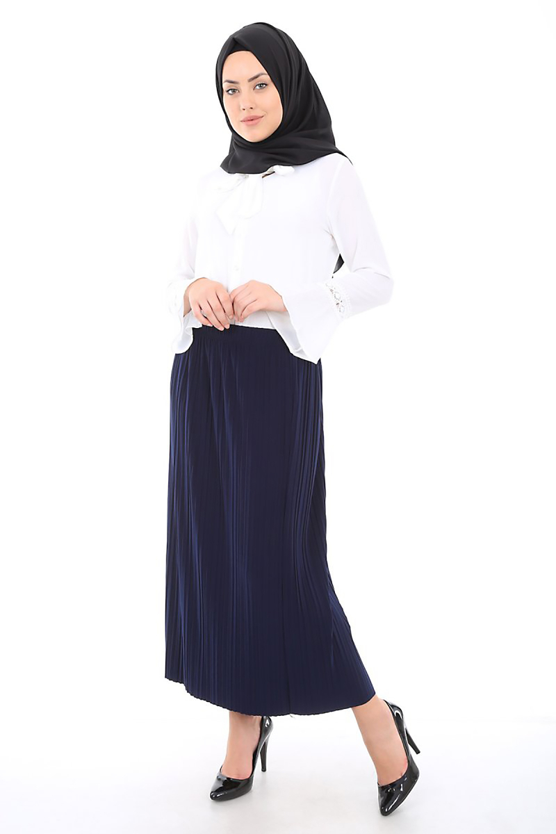 1814 LASTİKLİ PİLİSELİ TESETTÜR ETEK - Lacivert - BİGDART