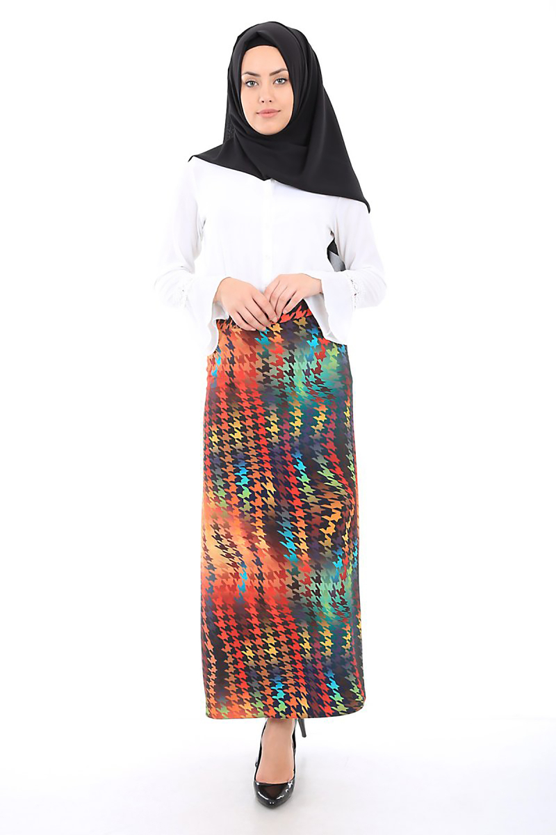 1818 YANDAN FERMUARLI DESENLİ TESETTÜR ETEK - Kiremit - BİGDART