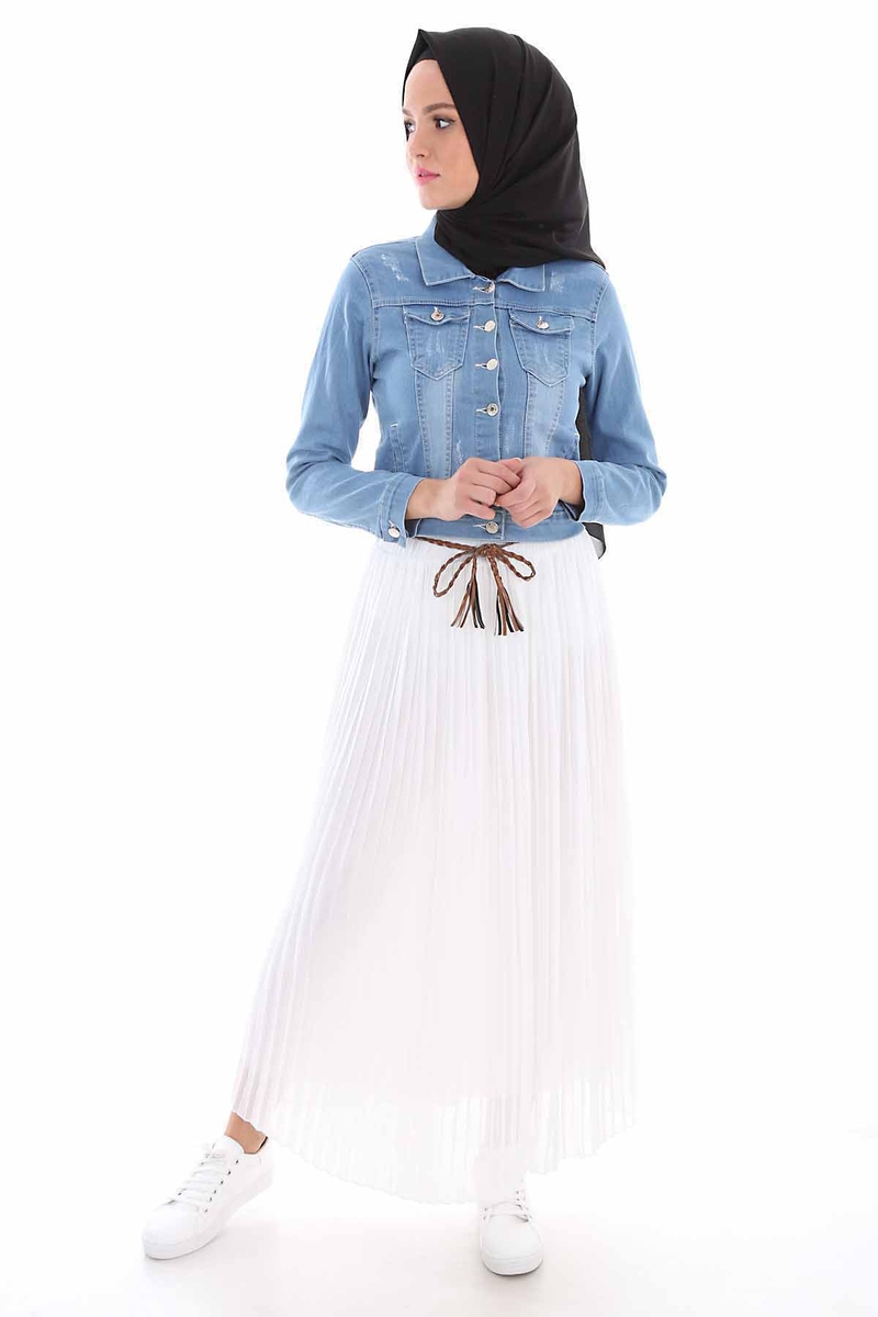 1819 PİLİSELİ KEMERLİ TESETTÜR ETEK - Beyaz - BİGDART