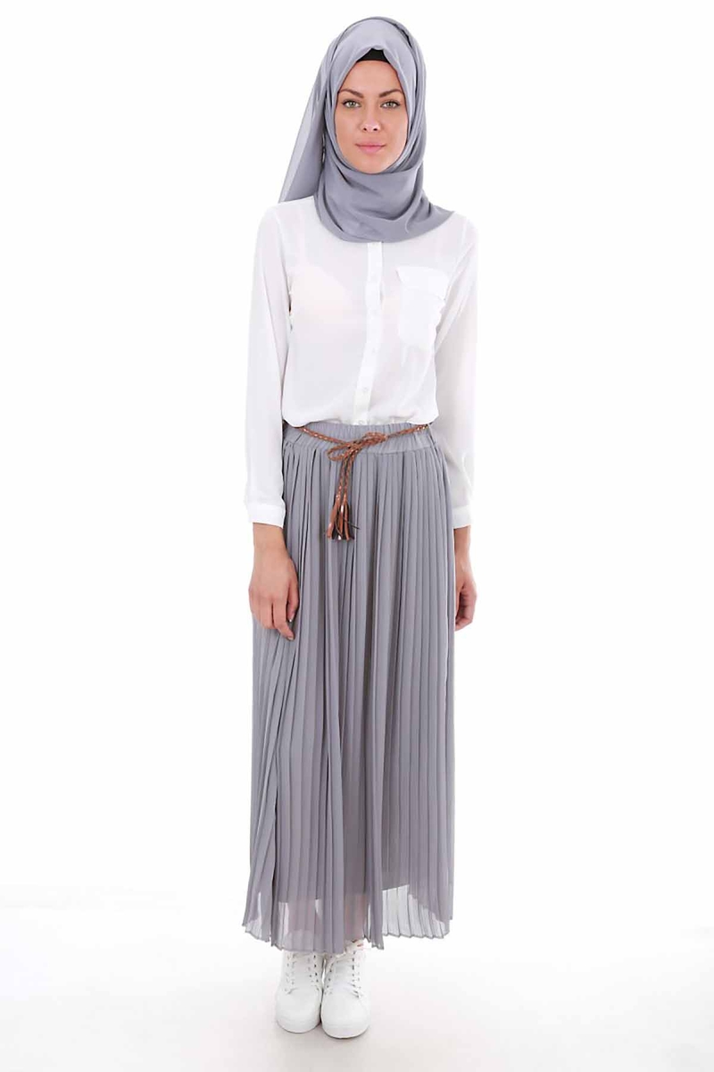 1819 PİLİSELİ KEMERLİ TESETTÜR ETEK - Gri - BİGDART