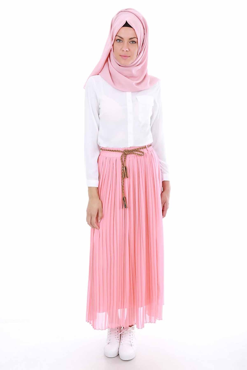 1819 PİLİSELİ KEMERLİ TESETTÜR ETEK - Pudra - BİGDART