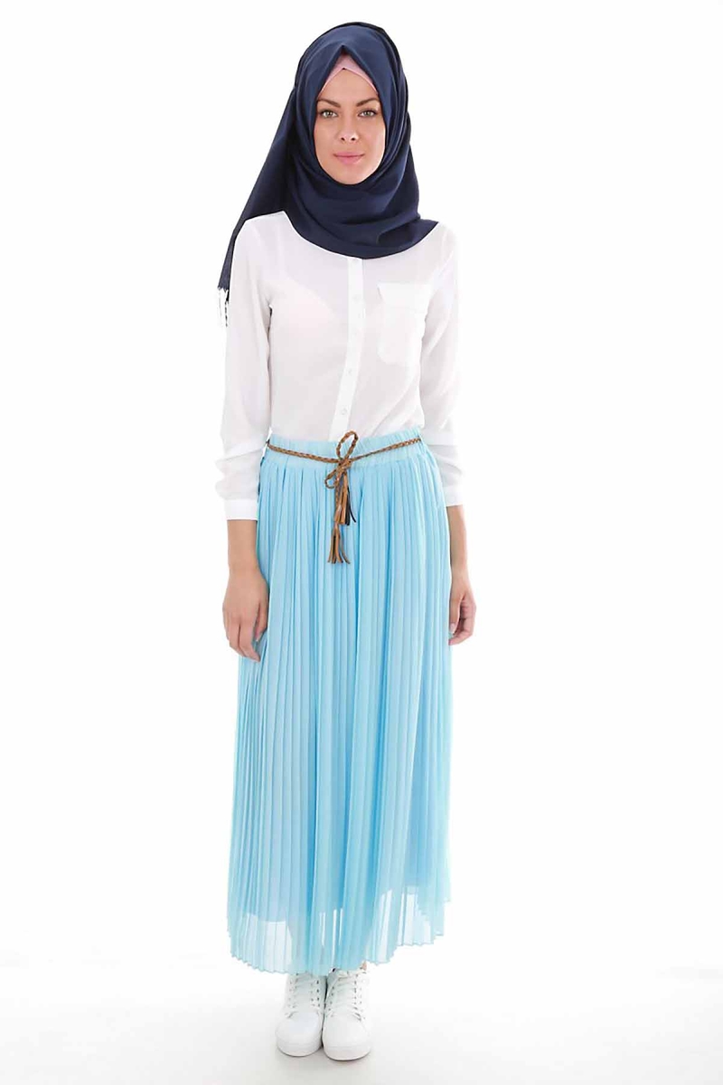 1819 PİLİSELİ KEMERLİ TESETTÜR ETEK - Turkuaz - BİGDART