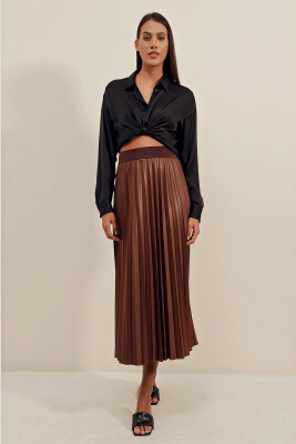 1894 Deri Görünümlü Piliseli Etek - Kahverengi - BİGDART