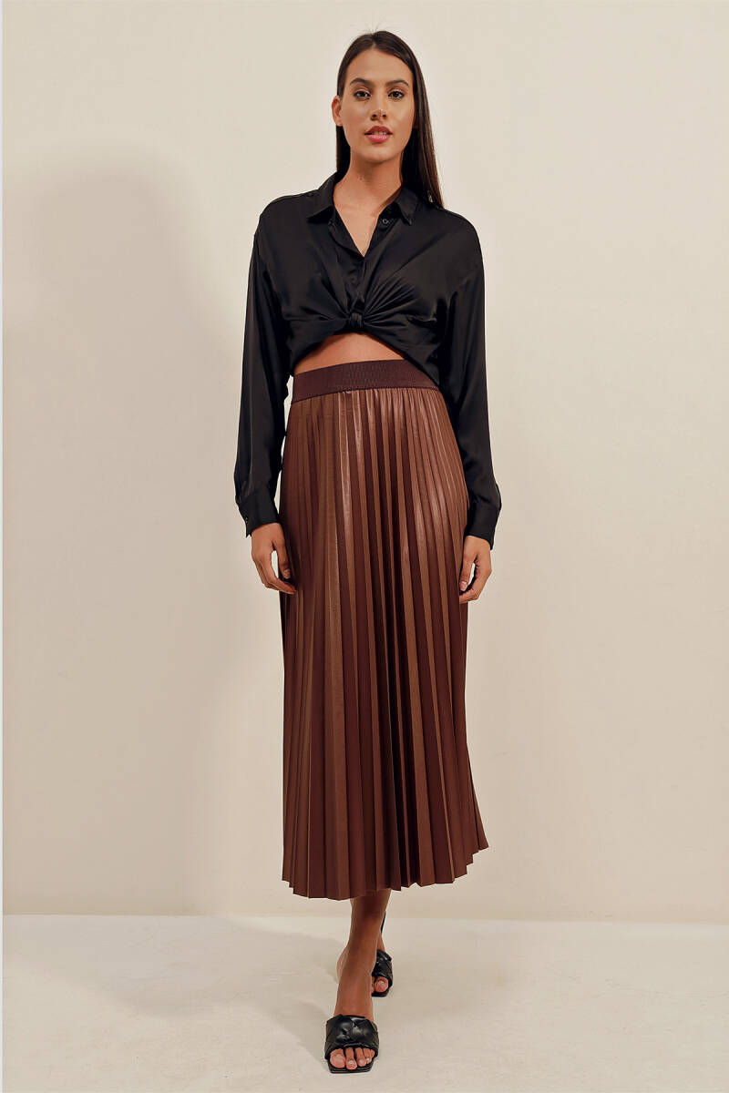 1894 Deri Görünümlü Piliseli Etek - Kahverengi - BİGDART