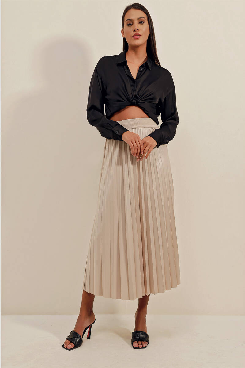 1894 Deri Görünümlü Piliseli Etek - Krem - BİGDART