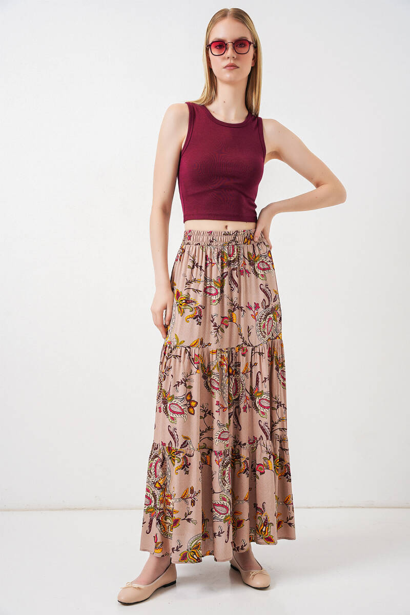1898 Desenli Uzun Etek - Bej - BİGDART
